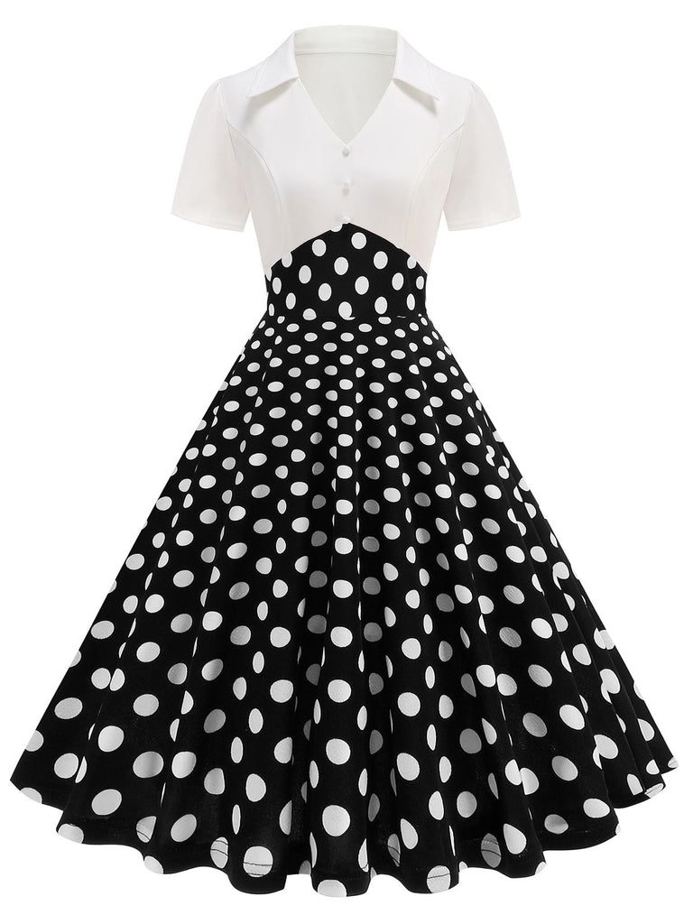 1950s Lapel Polka Dots Patchwork Swing Dress