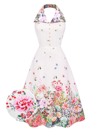White 1940s Floral Lapel Patchwork Dress