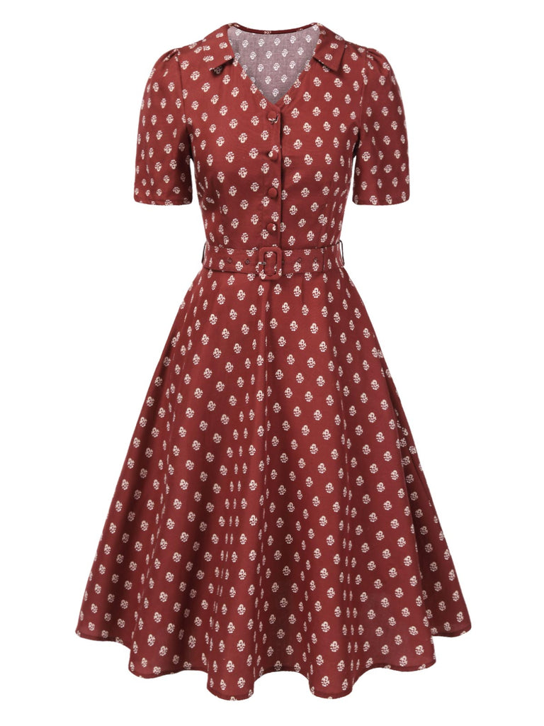 [Pre-Sale] Brick Red 1940s Ethnic Print Lapel Dress