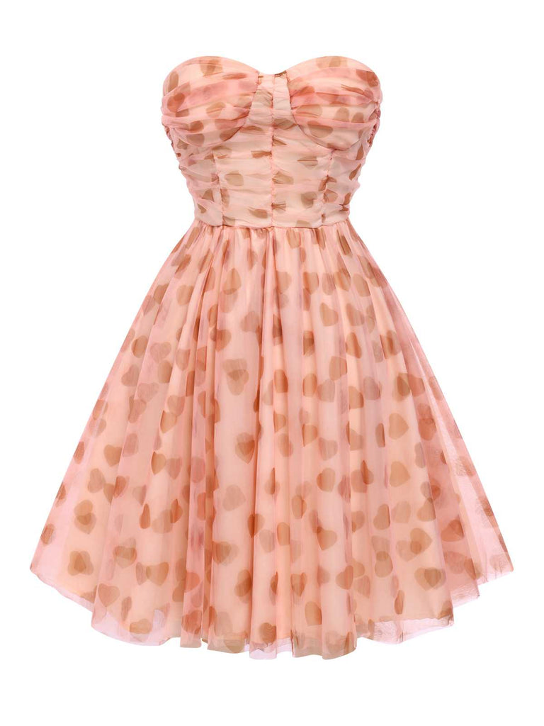 Pink 1950s Strapless Valentine Peach Heart Tulle Dress