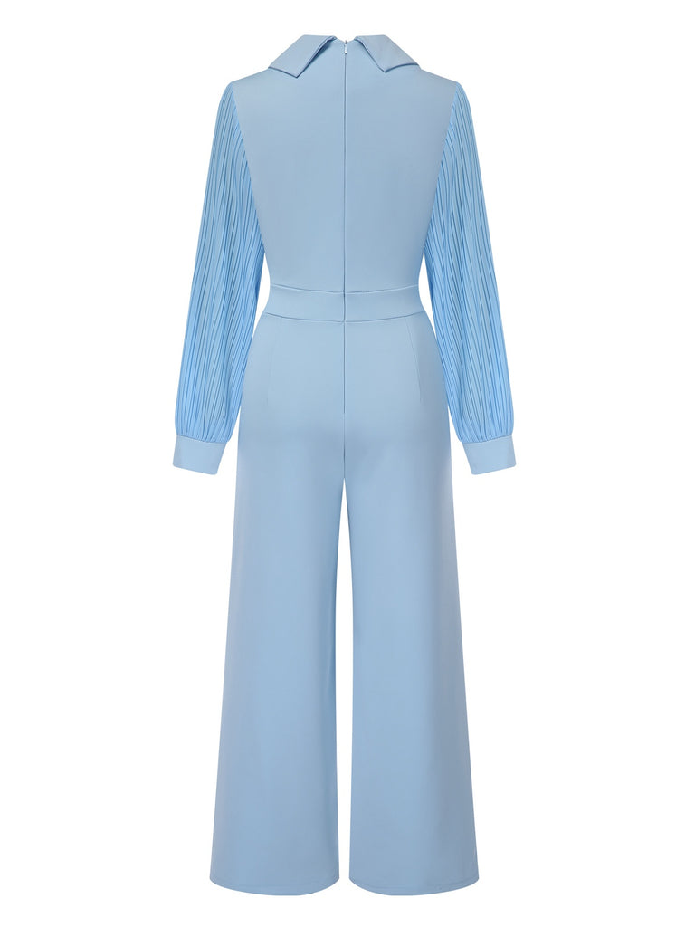 Blue 1930s Notched Collar Patchwork Jumpsuit