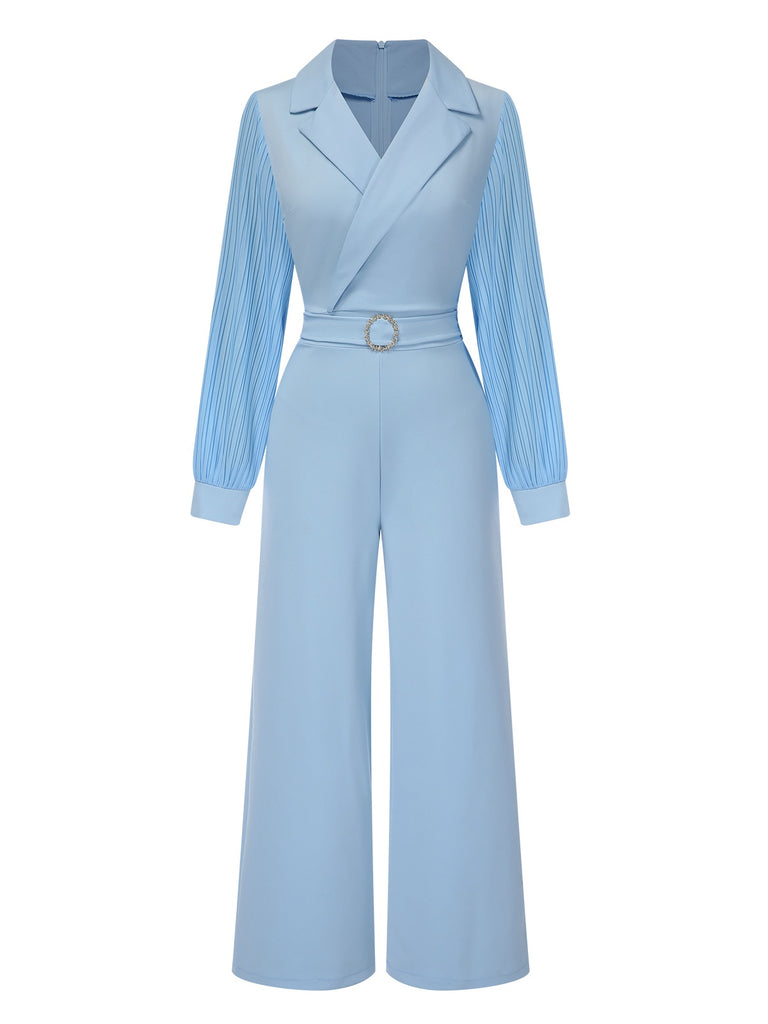 Blue 1930s Notched Collar Patchwork Jumpsuit