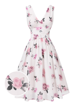 Pink 1940s Deep V-Neck Chiffon Rose Dress