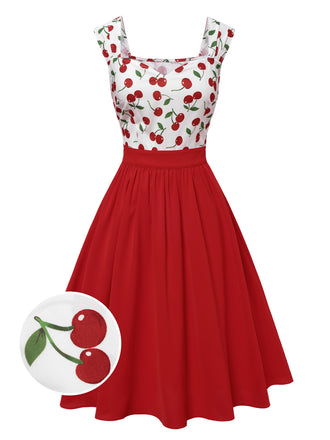 Red 1950s Sweetheart Neck Cap-Sleeve Cherry Dress