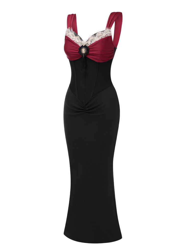 Wine Red 1930s Contrast Fishbone Mermaid Dress