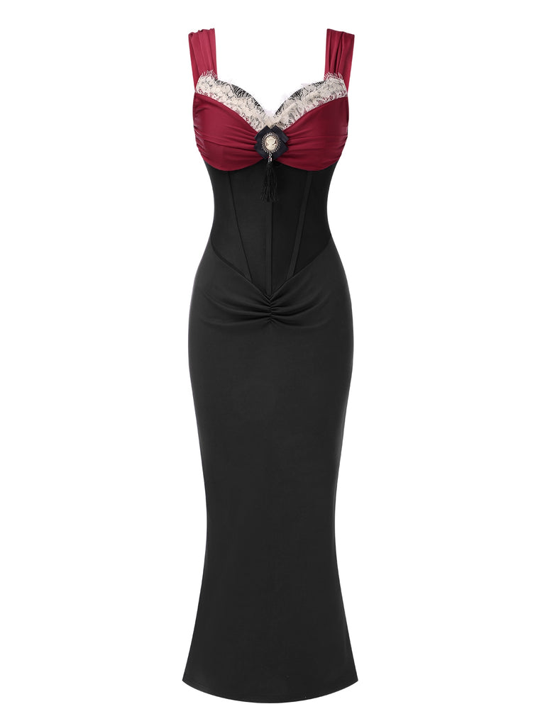 Wine Red 1930s Contrast Fishbone Mermaid Dress