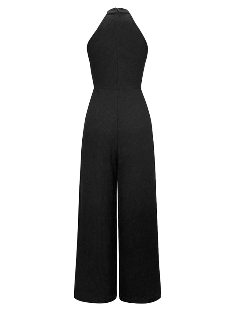 Black 1930s Solid Halter Sleeveless Jumpsuit