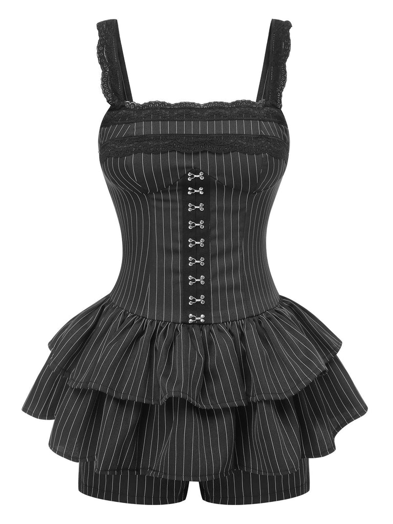 Black 1950s Striped Metal Button Romper