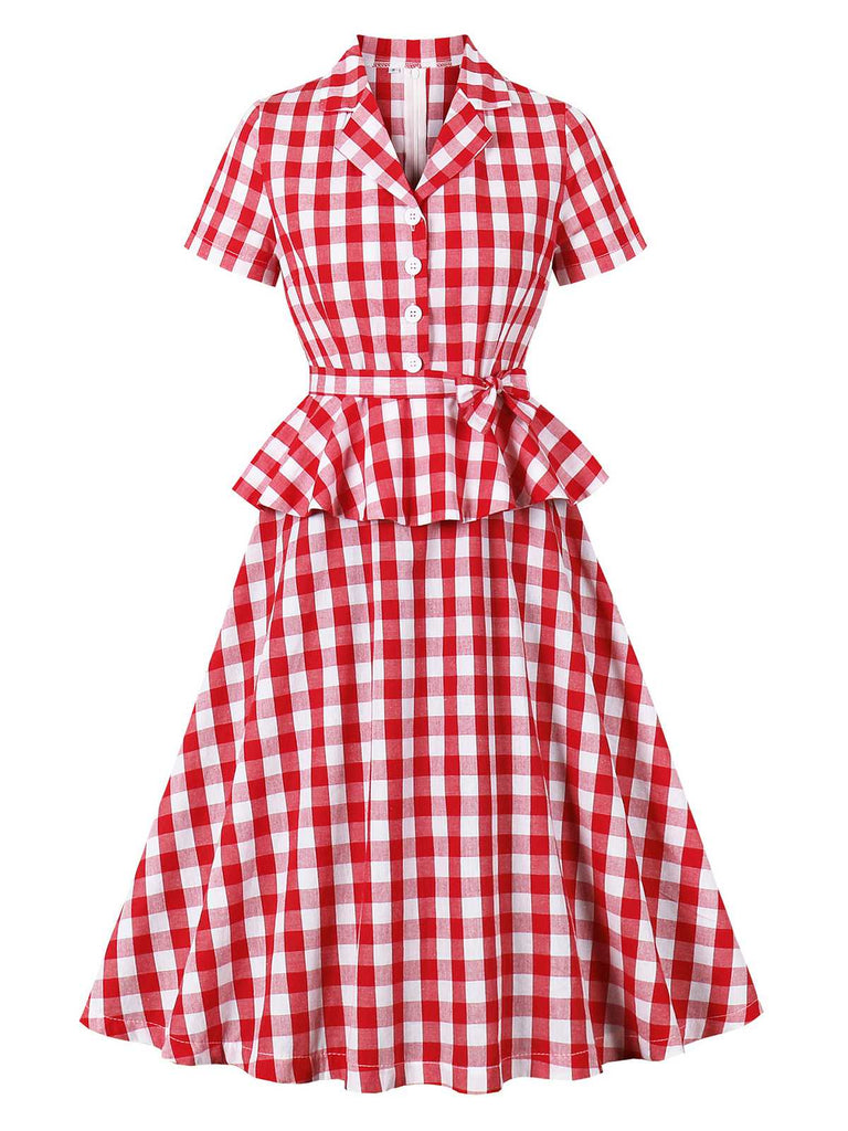 Red 1950s Pure Cotton Gingham Plaids Belted Dress