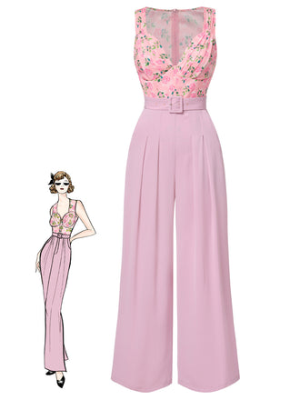 Pink 1960s Heart Neck Roses Belted Jumpsuit