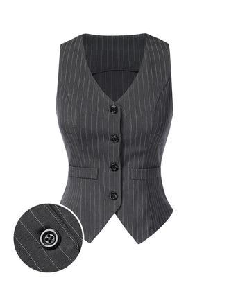 Dark Gray 1960s V-Neck Pinstripes Sleeveless Top