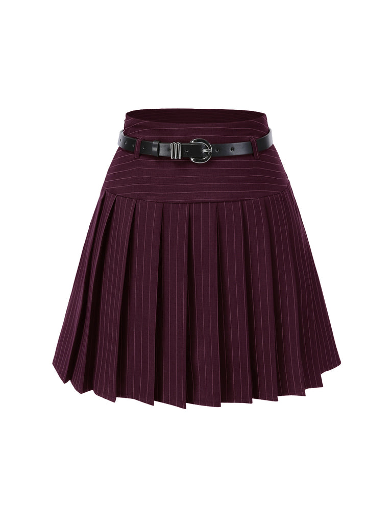 2PCS Dark Gray 1960s Pinstripes Top & Pleated Skirt