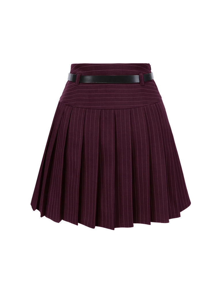 2PCS Dark Gray 1960s Pinstripes Top & Pleated Skirt