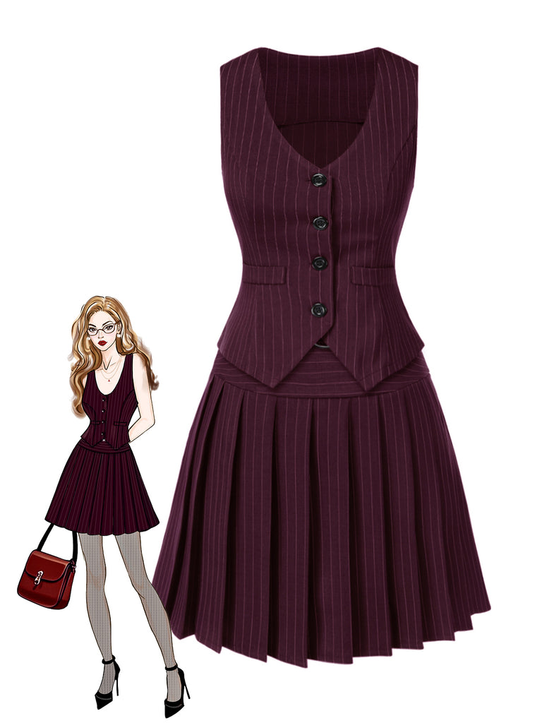 2PCS Wine Red 1960s Pinstripes Top & Pleated Skirt