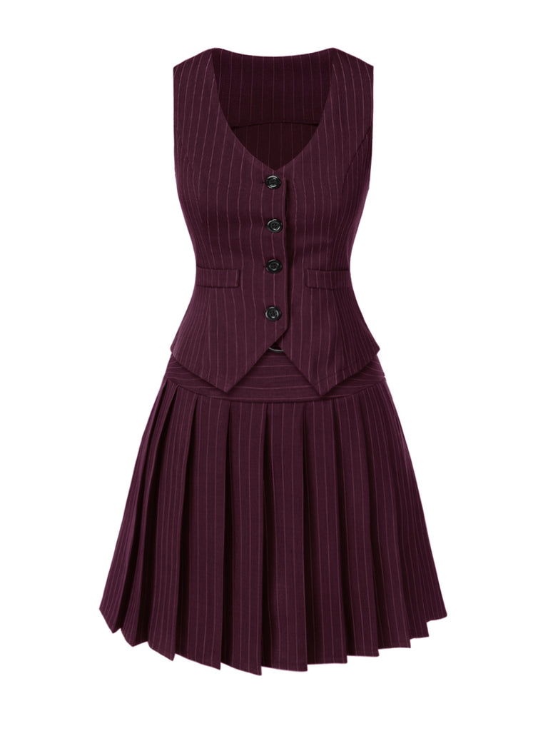 2PCS Dark Gray 1960s Pinstripes Top & Pleated Skirt