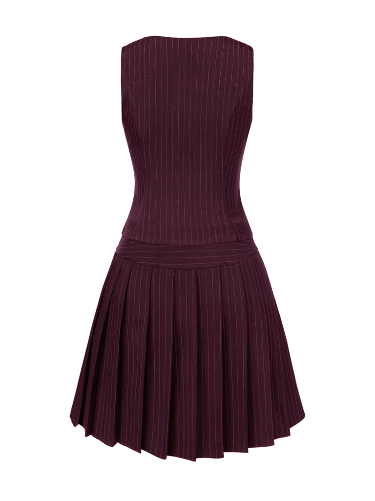 2PCS Dark Gray 1960s Pinstripes Top & Pleated Skirt