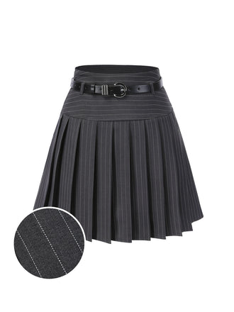 Dark Gray 1960s Pinstripes Belted Pleated Skirt