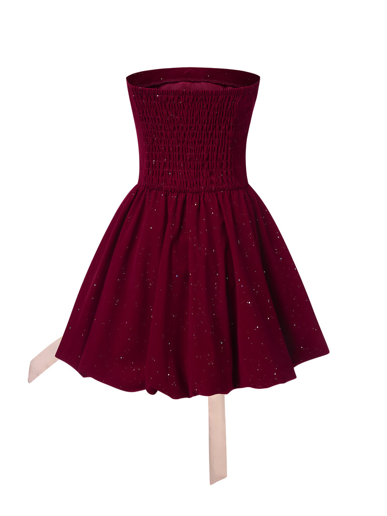 Wine Red 1980s Bow Glitter Tube Top Dress