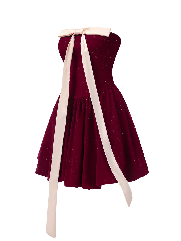 Wine Red 1980s Bow Glitter Tube Top Dress