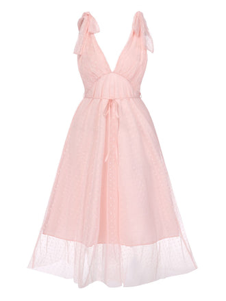 Pale Pink 1950s Solid Polka Dots Lace-Up Dress