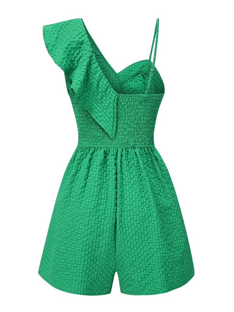 Green 1950s Suspender Ruffle Sleeves Textured Romper