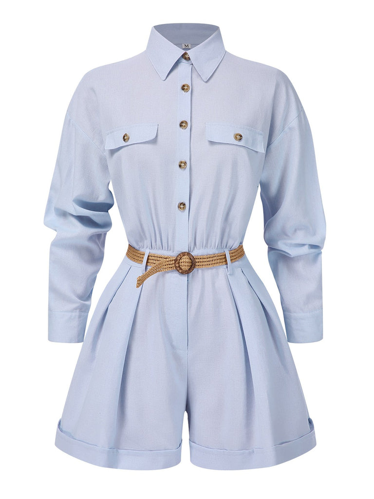 Light Blue 1950s Long Sleeves Lapel Romper