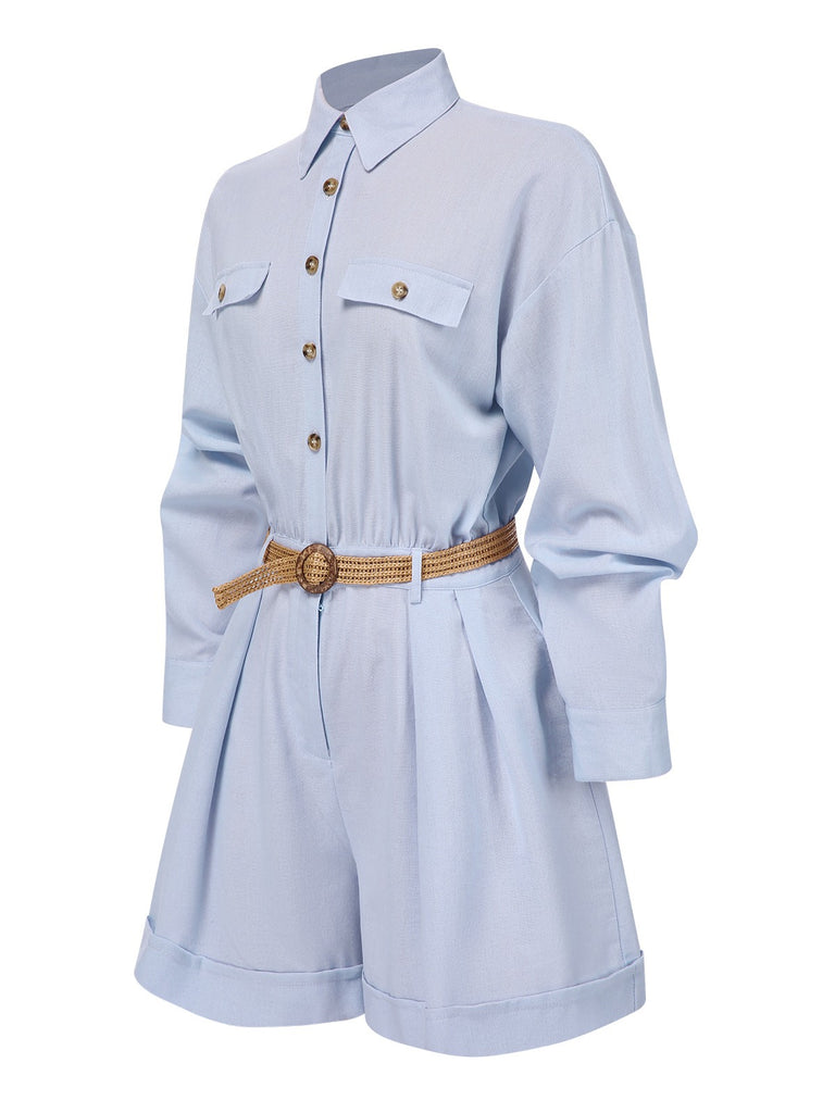 Light Blue 1950s Long Sleeves Lapel Romper