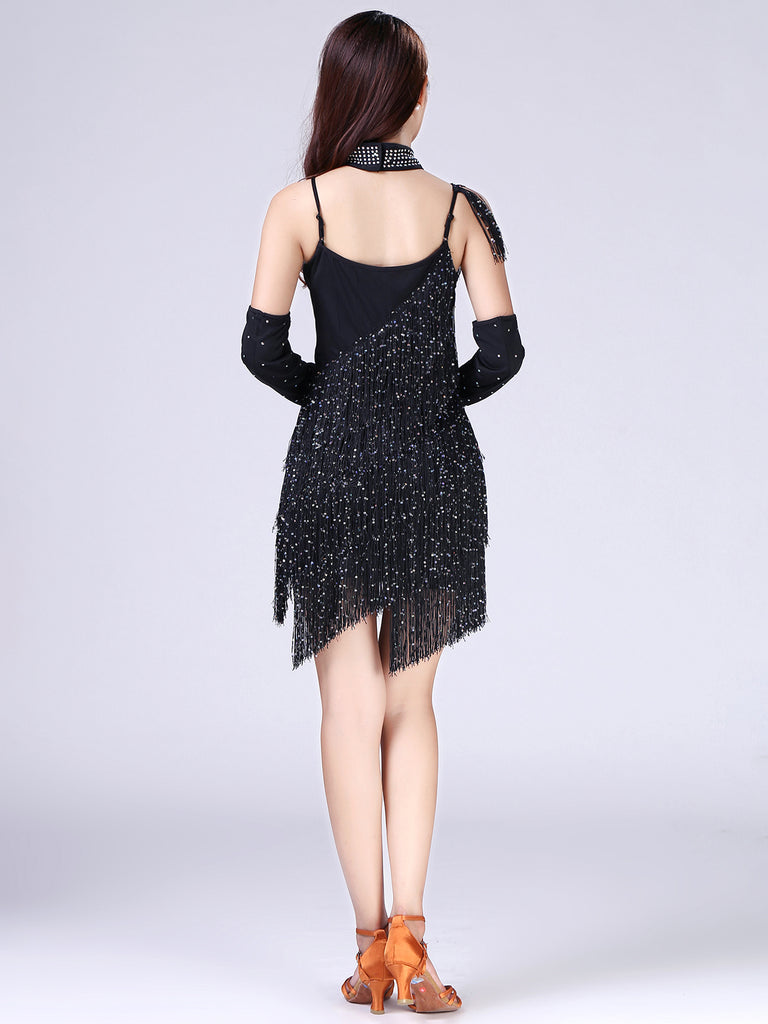 Black 1920s Beading Fringed Hem Dress With Sleeves