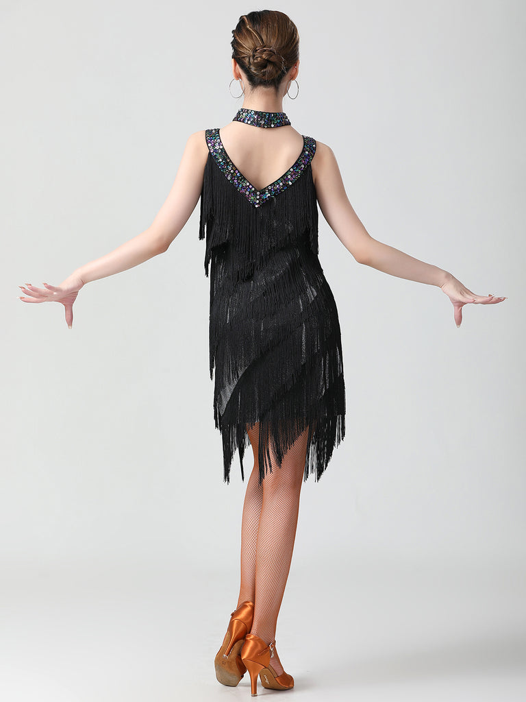 1920s Sequined Sleeveless Fringed Hem Dress