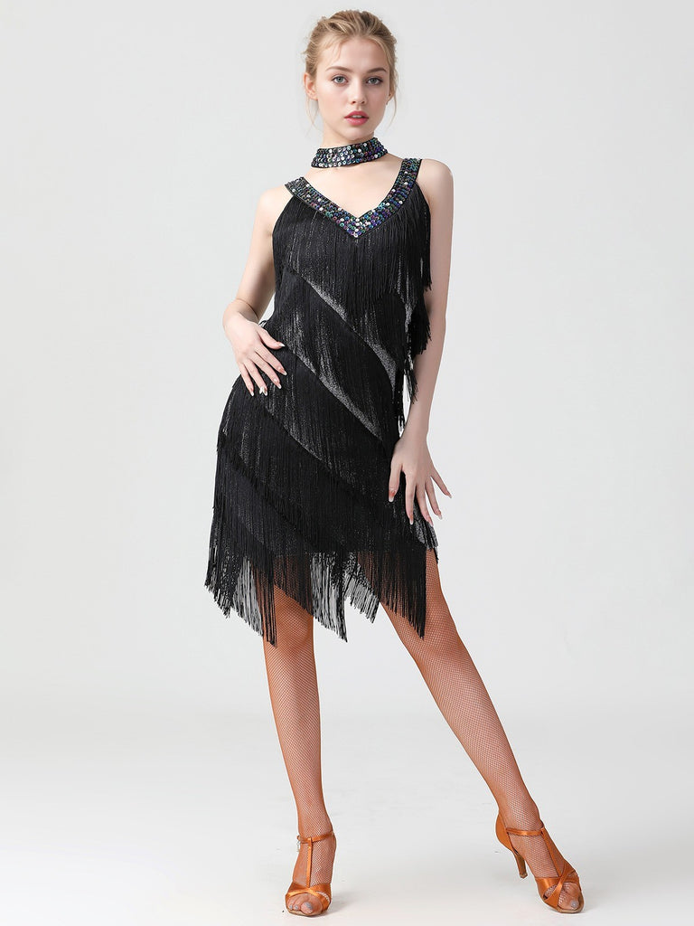 1920s Sequined Sleeveless Fringed Hem Dress