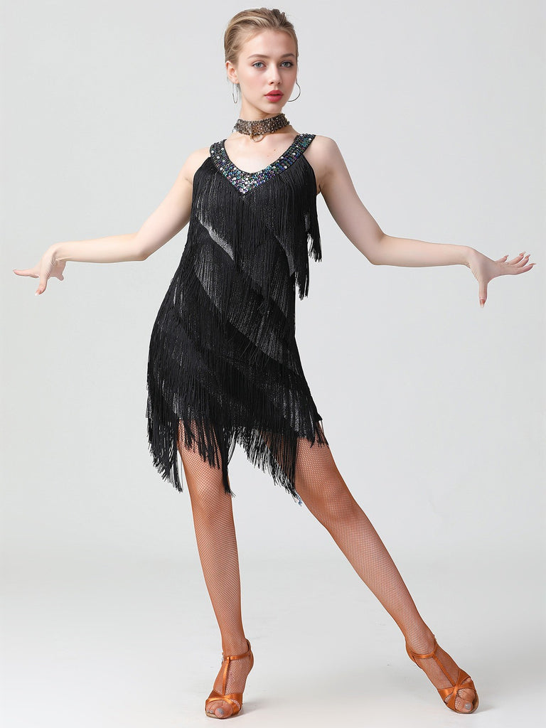 1920s Sequined Sleeveless Fringed Hem Dress