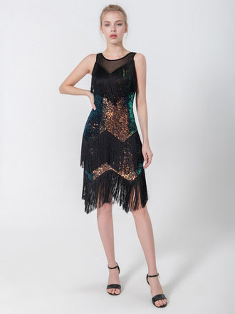 Black 1920s Beading Sleeveless Fringed Hem Dress