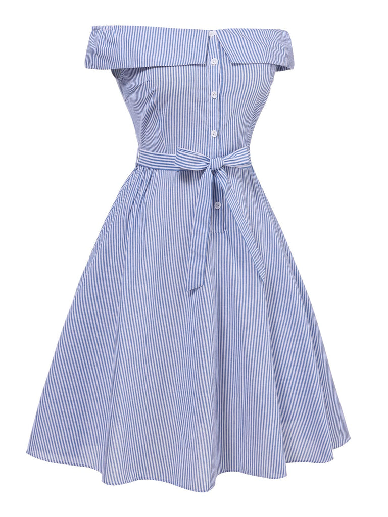 [Pre-Sale] [Plus Size] Blue 1950s Striped Off Shoulder Cotton Dress