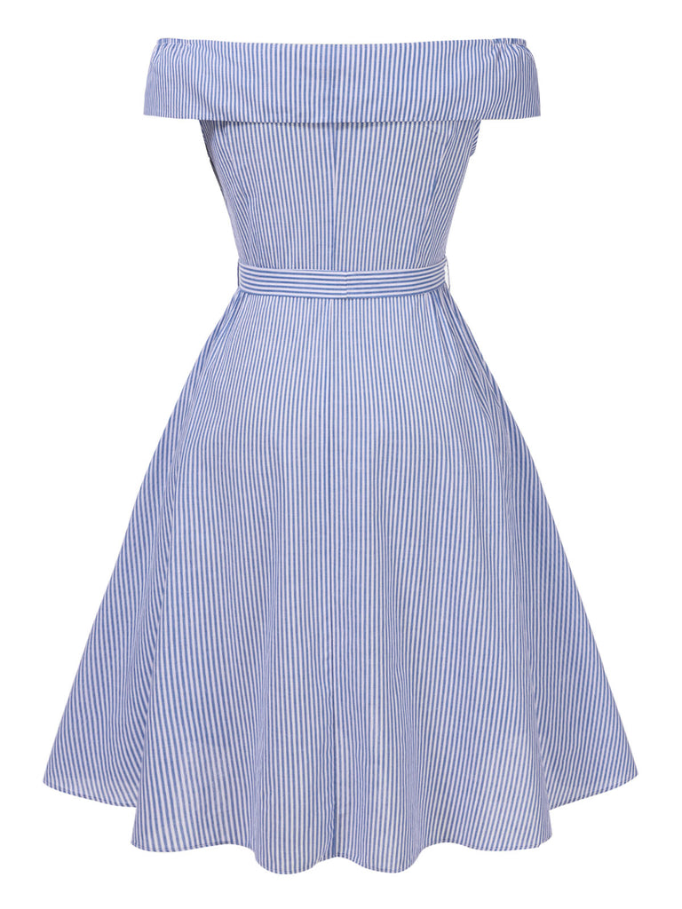 [Pre-Sale] [Plus Size] Blue 1950s Striped Off Shoulder Cotton Dress