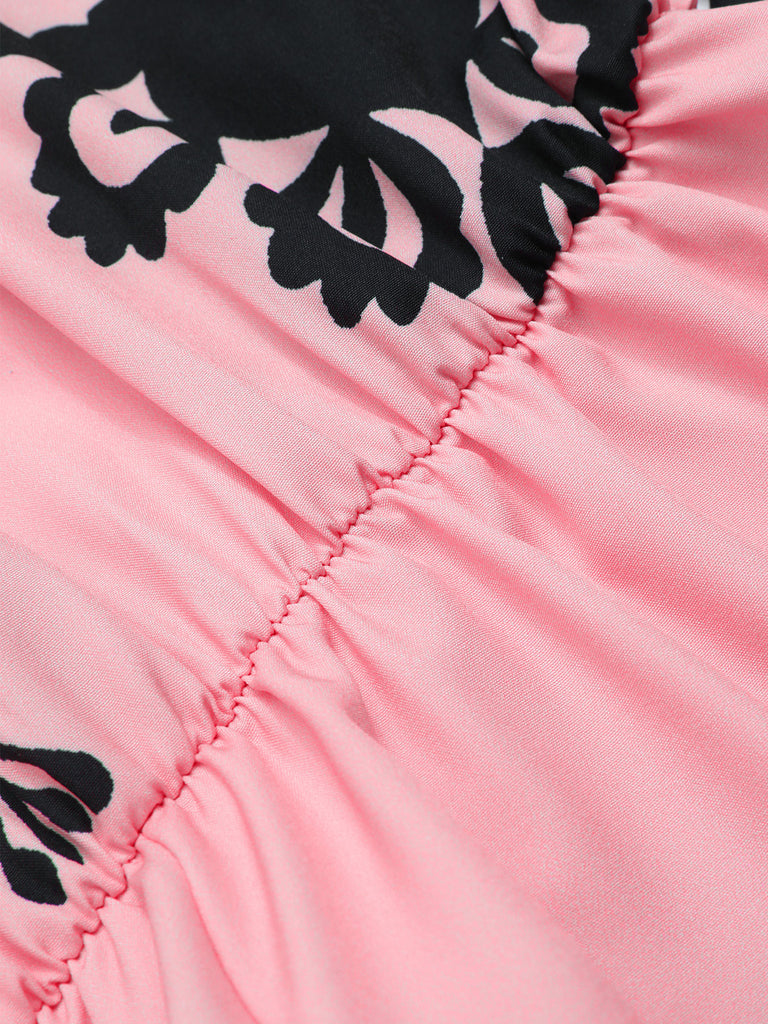Pink 1940s Oblique Neck Tribal Printed Romper