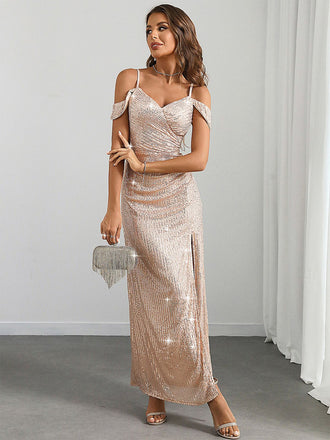 Champagne 1930s Sequin Cold-Shoulder Mermaid Long Dress