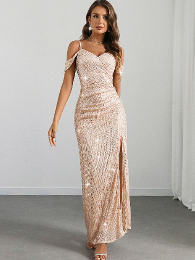 Champagne 1930s Sequin Cold-Shoulder Mermaid Long Dress