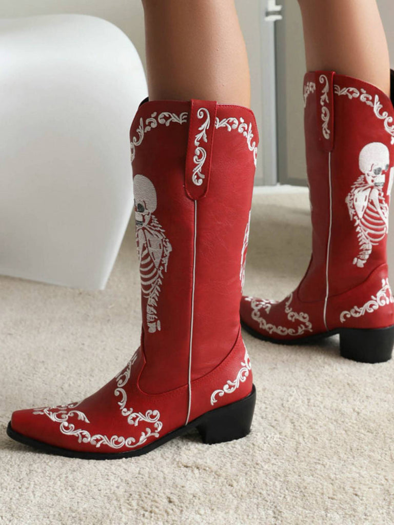 Skeleton Embroidery Pointed Chunky Heels Boots