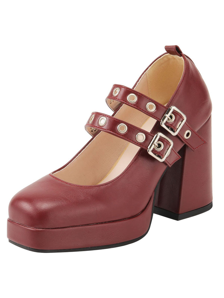Red Retro Buckle High Heels
