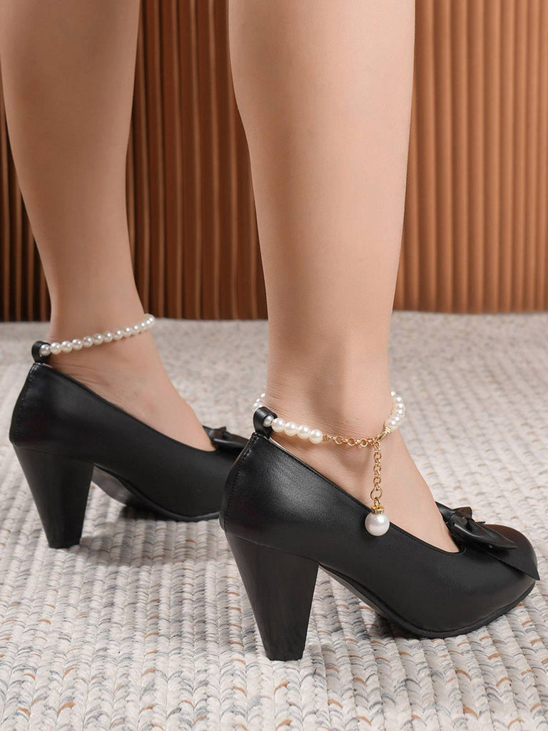 Leather Bowknot Pearl Ankle Strap Chunky Heels