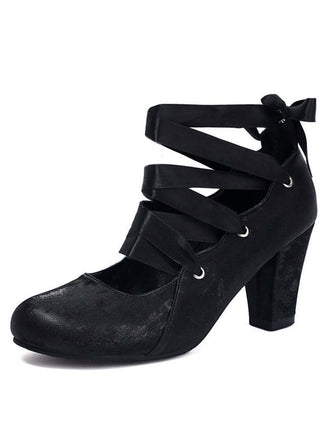 Vintage Mary Jane Ribbon Wrap Up Chunky Heels