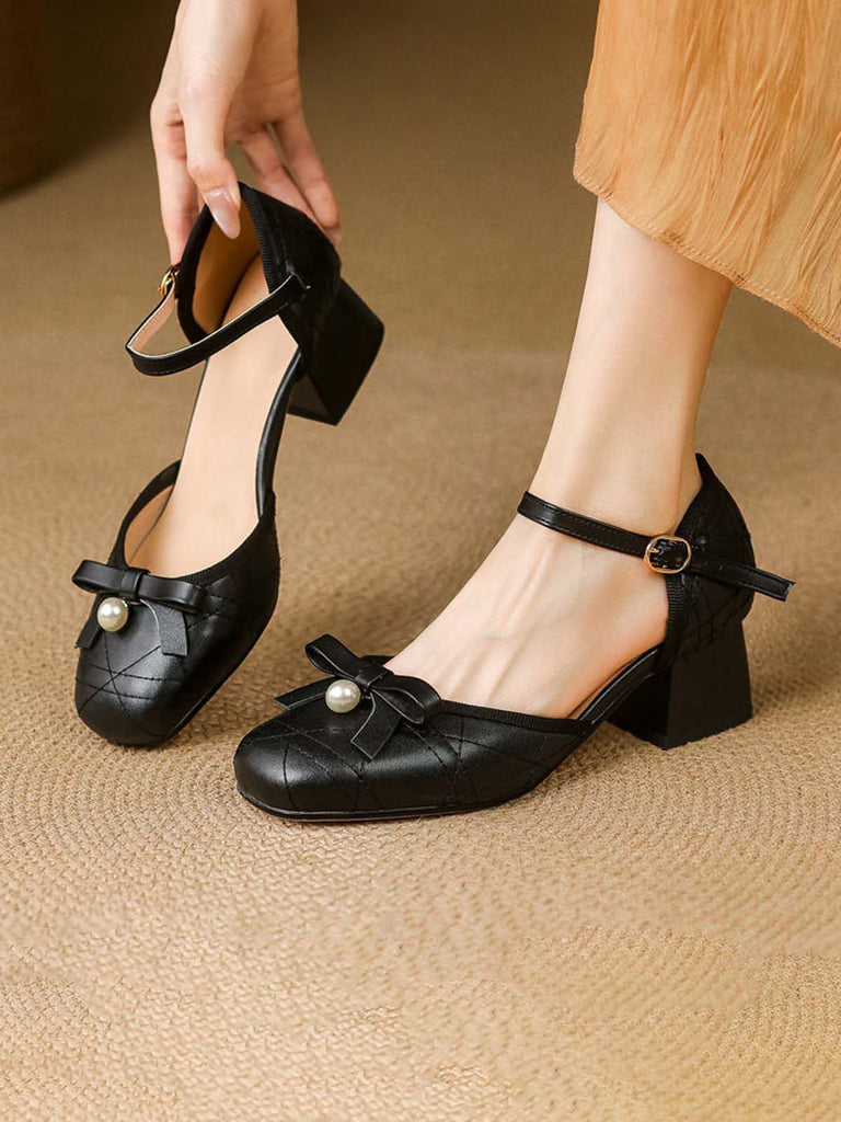 Retro Pearl Bow Mary Jane Heels