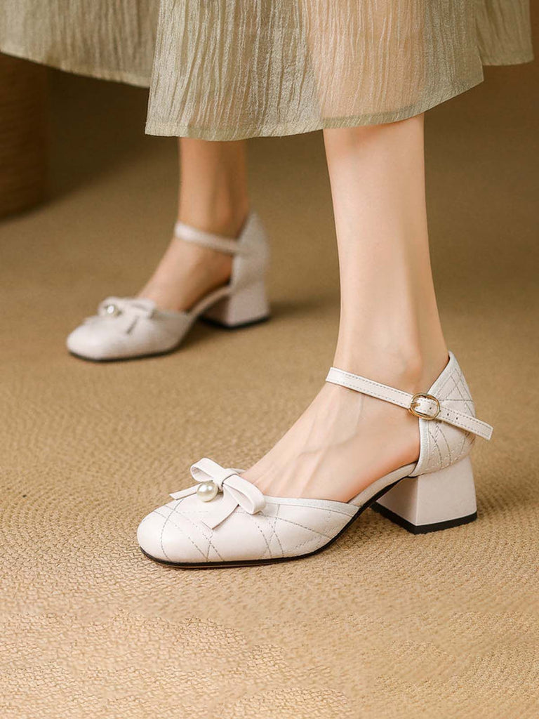 Retro Pearl Bow Mary Jane Heels