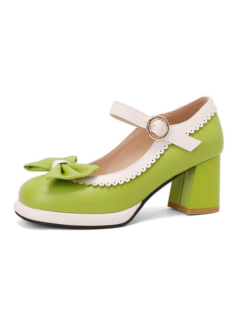 Vintage Contrast Bow Mary Jane High Heels