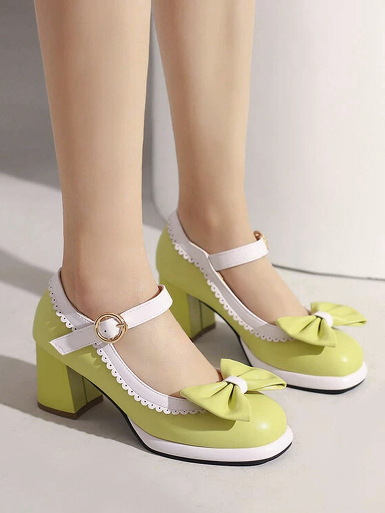 Vintage Contrast Bow Mary Jane High Heels