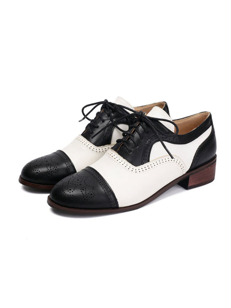 Colorblock Leather Round Toe Strappy Oxford Shoes