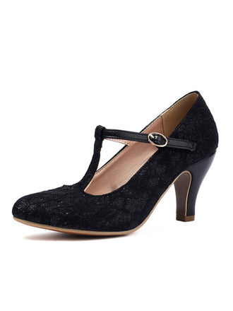 Vintage Lace Patchwork T-Strap Buckle High Heels