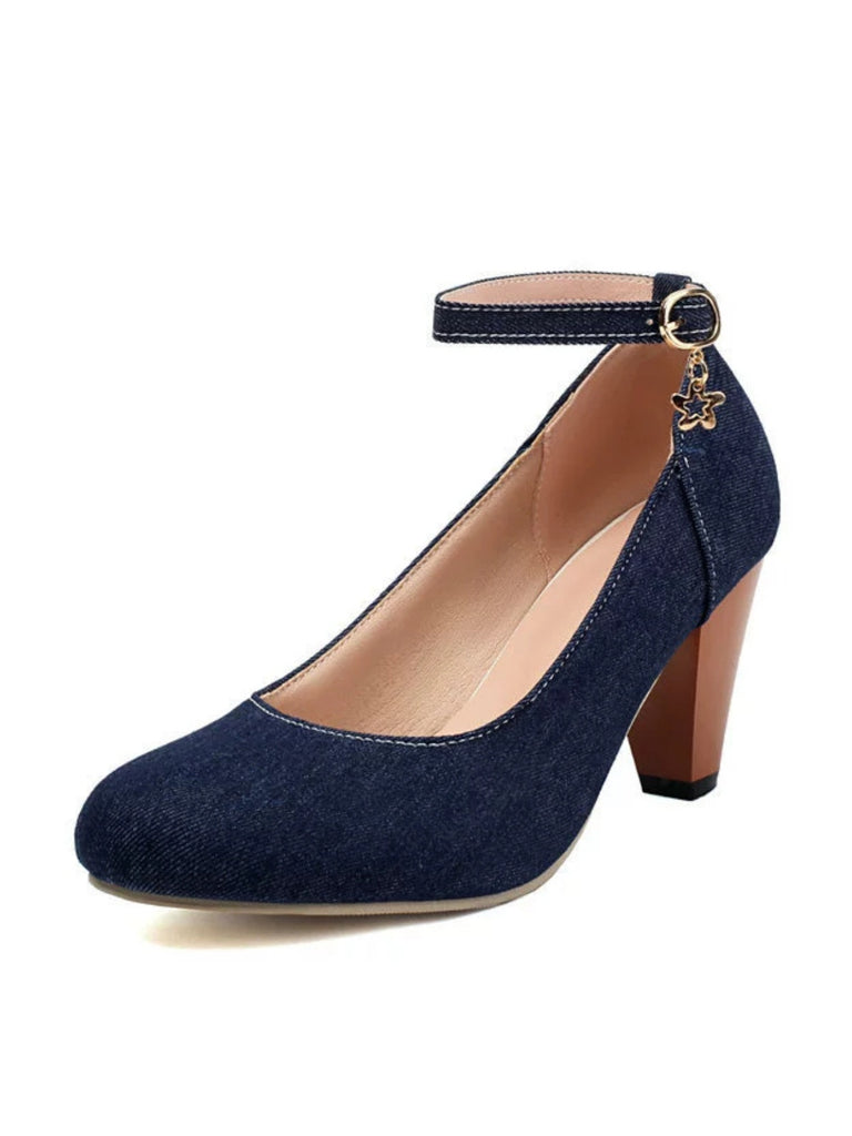 Denim Buckle Mary Janes Chunky Heels