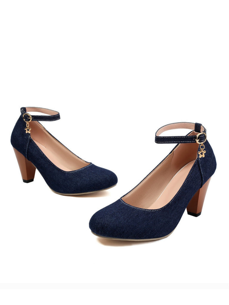 Denim Buckle Mary Janes Chunky Heels