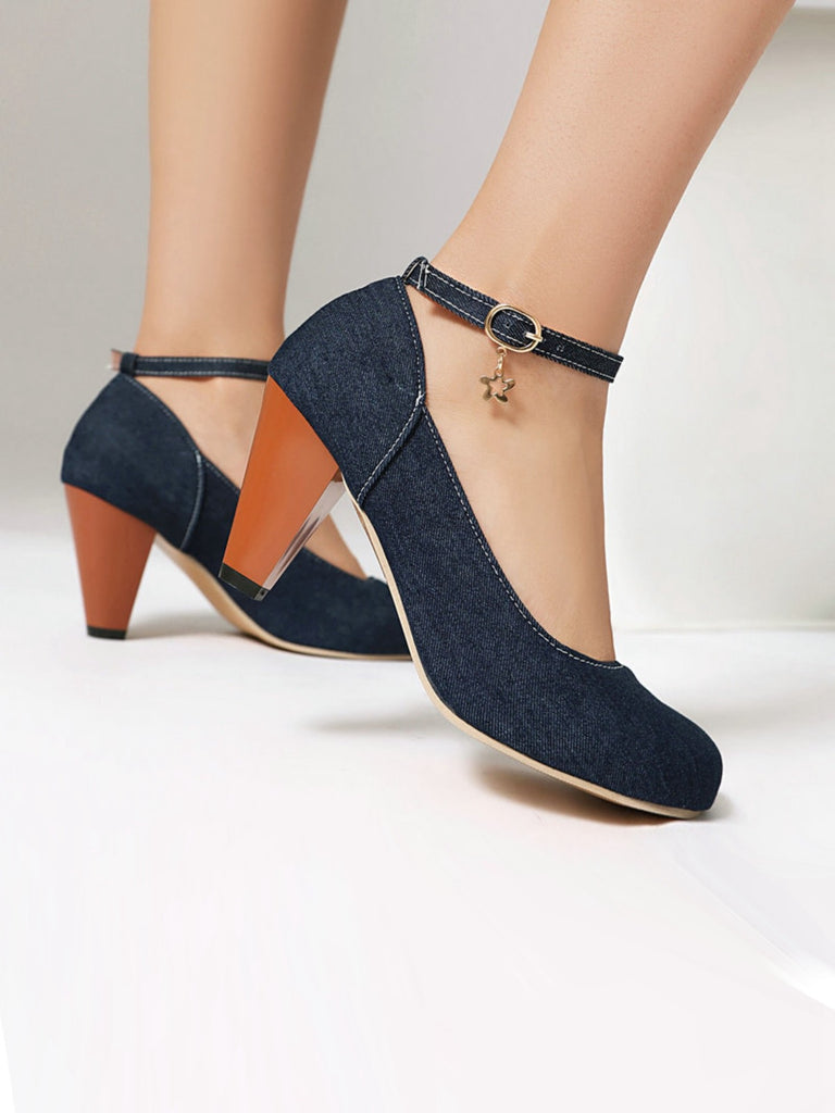 Denim Buckle Mary Janes Chunky Heels